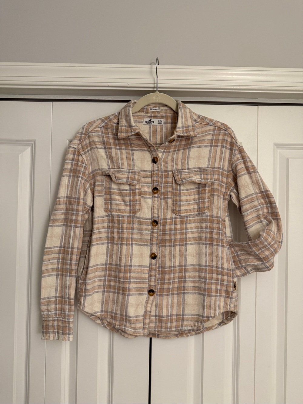 Hollister Cream & Tan Plaid Button-Down Boyfriend Shirt